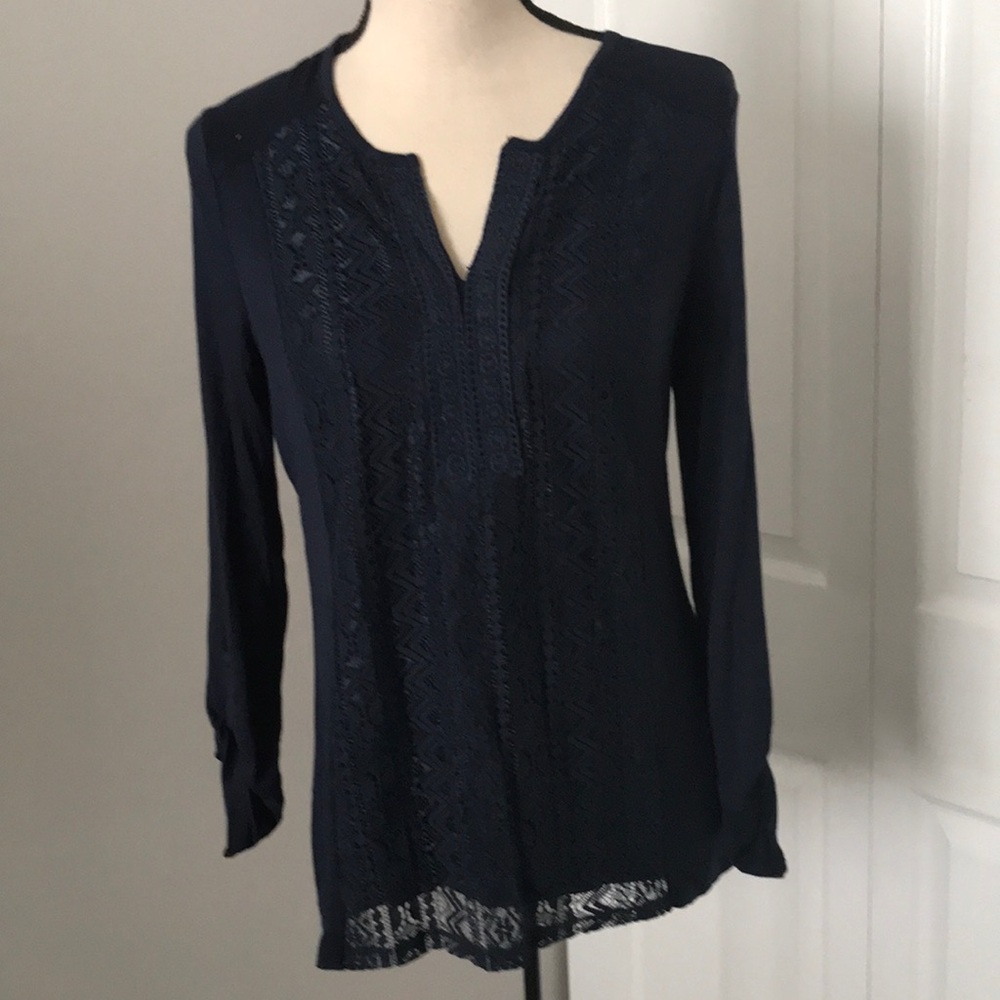 ❤️3X20 RXB Women's Navy Blue Soft Lace Embroidered V-Neck Roll Tab Tunic Top | S